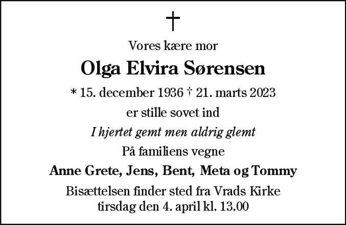 Dødsannonce for Olga Elvira Sørensen