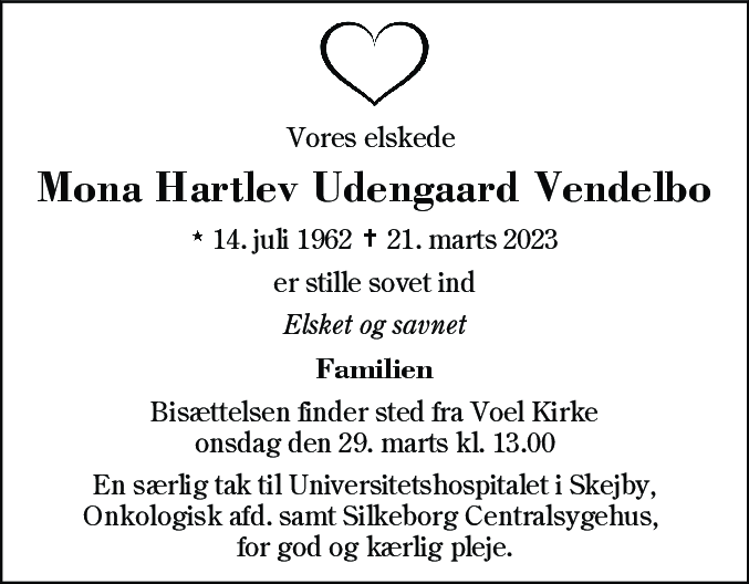 Dødsannonce for Mona Hartlev Udengaard Vendelbo