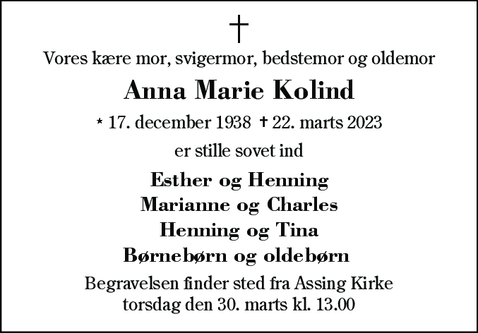 Dødsannonce for Anna Marie Markmann Kolind
