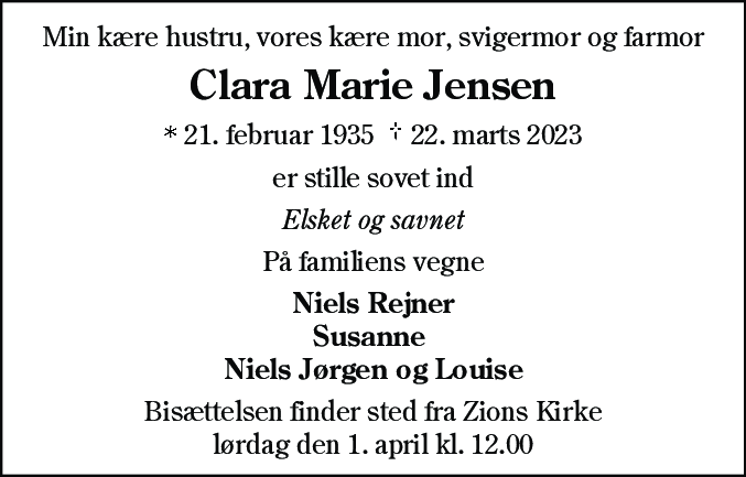Dødsannonce for Clara Marie Jensen