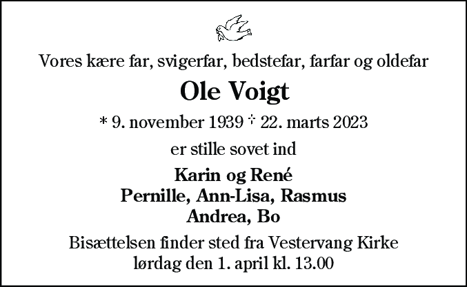 Dødsannonce for Ole Voigt
