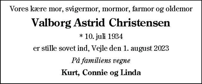 Dødsannonce for Valborg Astrid Christensen