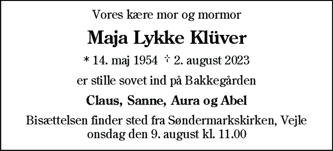 Dødsannonce for Maja Lykke Klüver