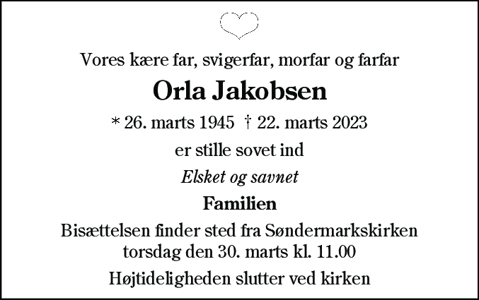 Dødsannonce for Orla Jakobsen