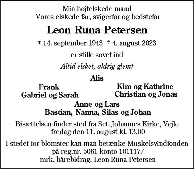 Dødsannonce for Leon Runa Petersen