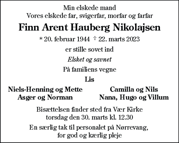 Dødsannonce for Finn Arent Hauberg Nikolajsen