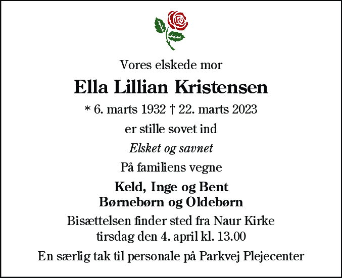 Dødsannonce for Ella Lillian Kristensen