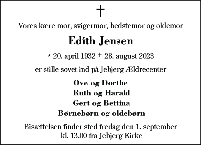 Dødsannonce for Edith Jensen