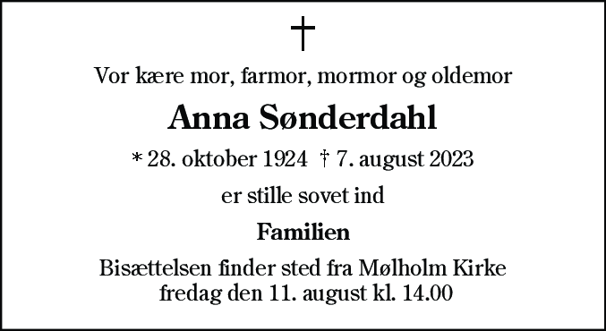 Dødsannonce for Anna Sønderdahl