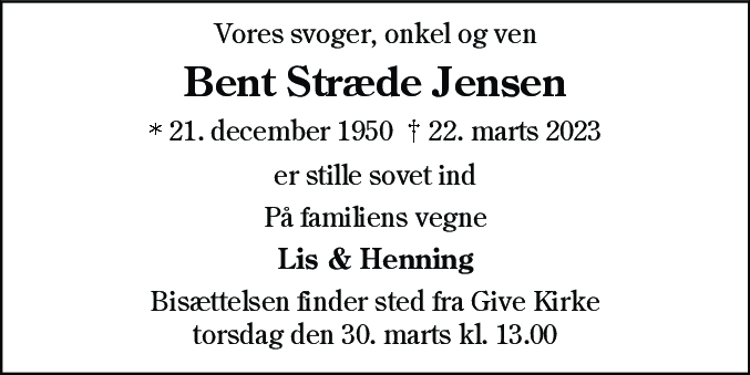Dødsannonce for Bent Stræde Jensen