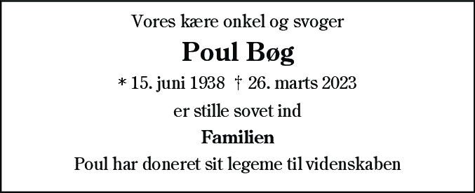 Dødsannonce for Poul Bøg