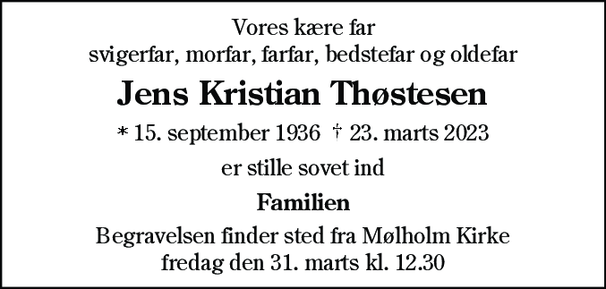 Dødsannonce for Jens Kristian Thøstesen