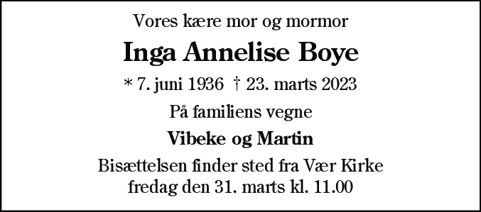 Dødsannonce for Inga Annelise Boye