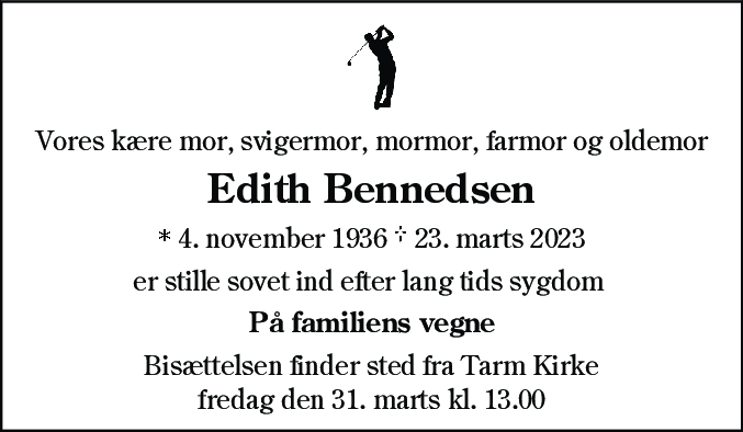 Dødsannonce for Edith Bennedsen