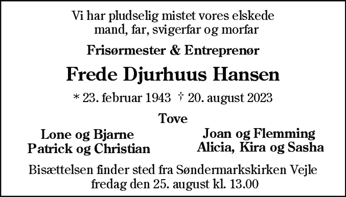 Dødsannonce for Frede Djurhuus Hansen