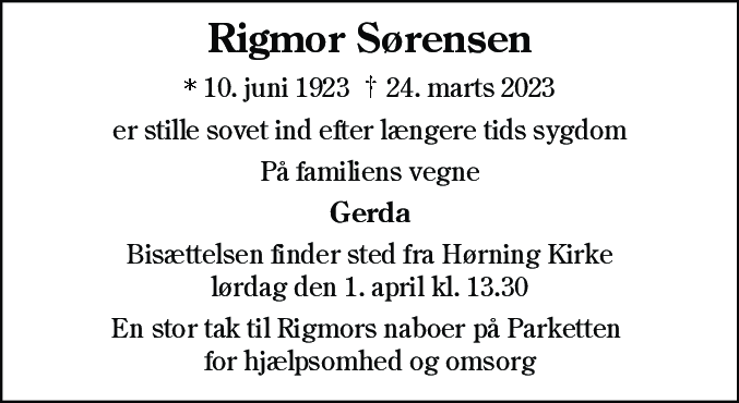 Dødsannonce for Rigmor Sørensen