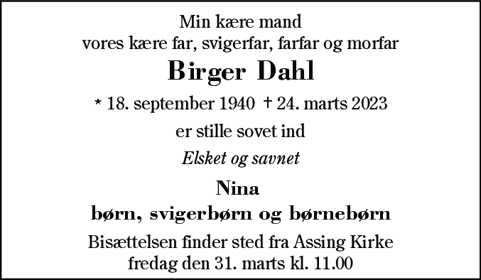 Dødsannonce for Birger Dahl