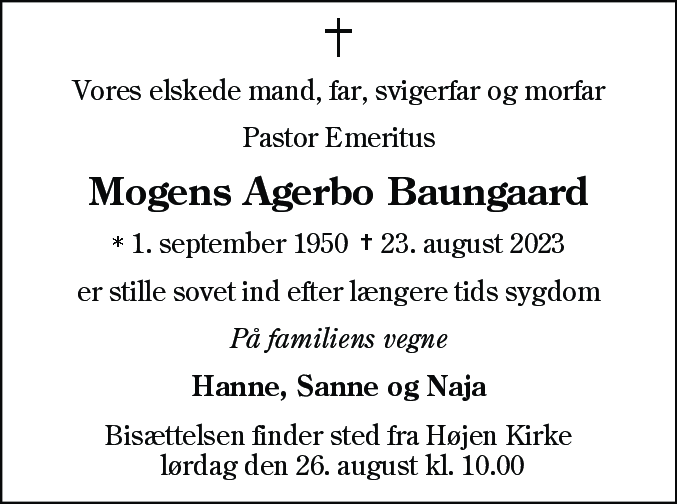 Dødsannonce for Mogens Agerbo Baungaard