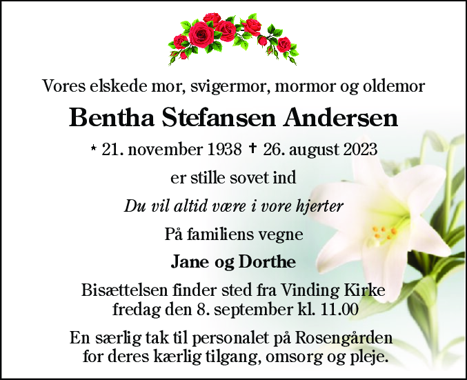 Dødsannonce for Bentha Stefansen Andersen