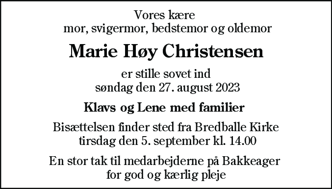 Dødsannonce for Marie Høy Christensen