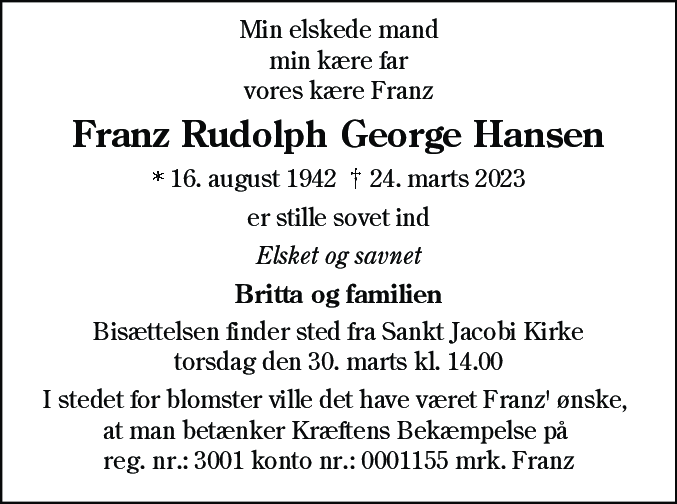 Dødsannonce for Franz Rudolph George Hansen