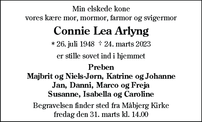 Dødsannonce for Connie Lea Arlyng