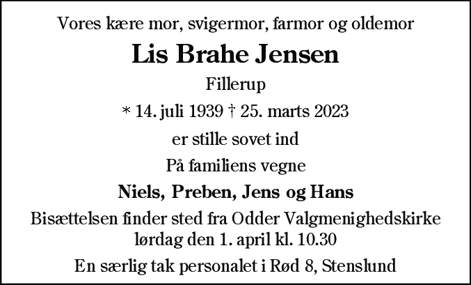 Dødsannonce for Lis Brahe Jensen