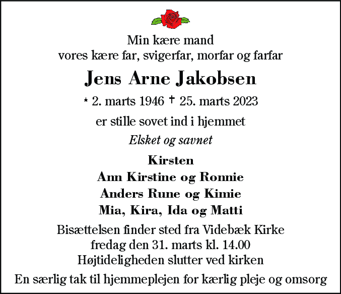 Dødsannonce for Jens Arne Jakobsen