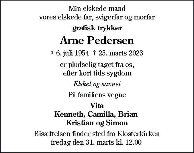Dødsannonce for Arne Pedersen