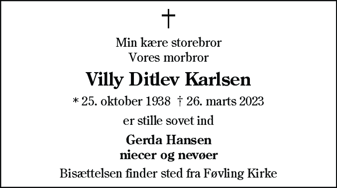 Dødsannonce for Villy Ditlev Karlsen