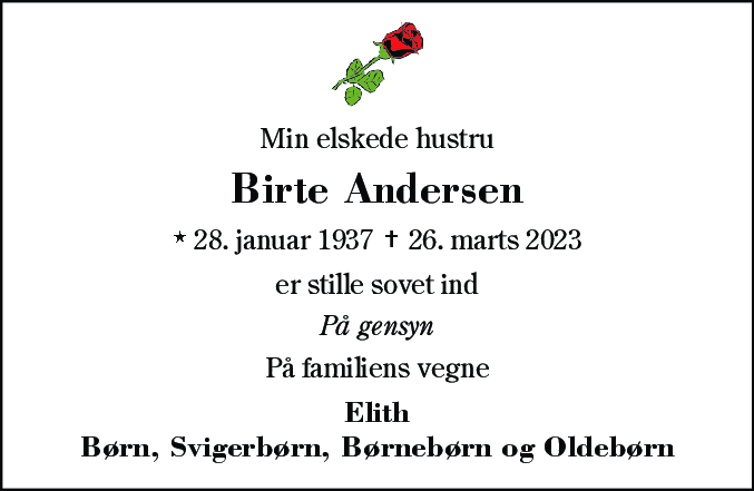 Dødsannonce for Birthe Andersen