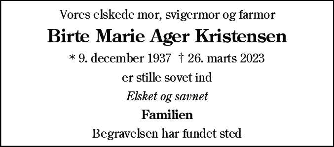 Dødsannonce for Birte Marie Ager Kristensen