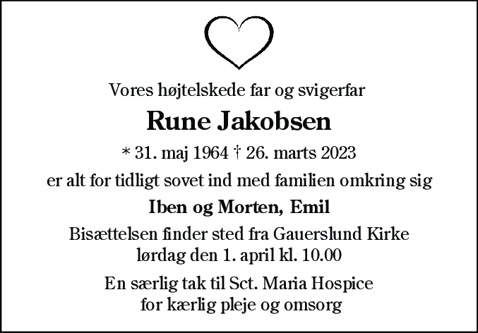 Dødsannonce for Rune Jakobsen