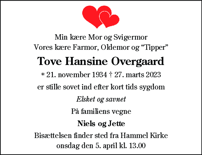 Dødsannonce for Tove Hansine Overgaard