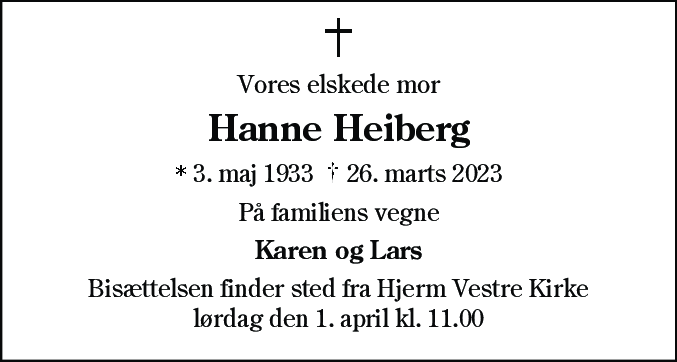 Dødsannonce for Hanne Heiberg