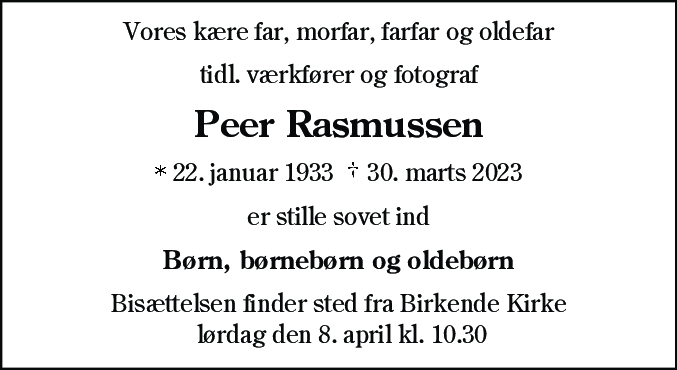 Dødsannonce for Peer Rasmussen