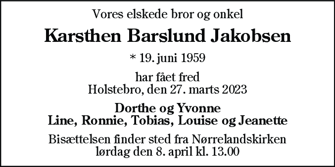 Dødsannonce for Karsthen Rene Barslund Jakobsen