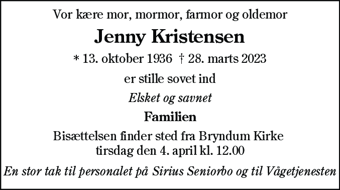 Dødsannonce for Jenny Kristensen