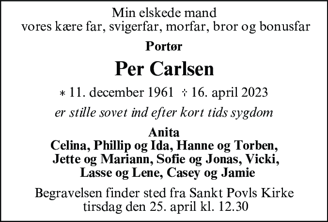 Dødsannonce for Per Carlsen