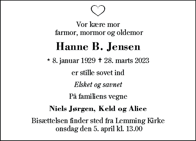 Dødsannonce for Hanne Birgit Jensen