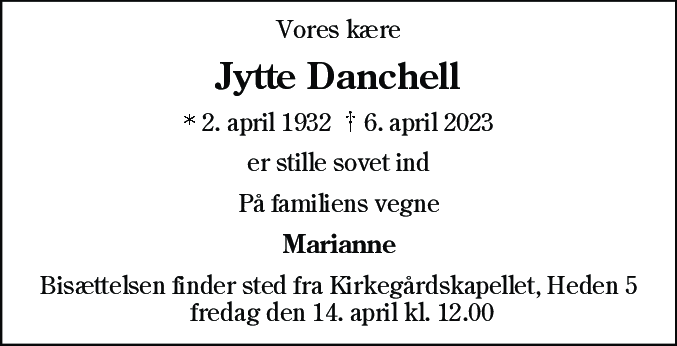 Dødsannonce for Jytte Danchell