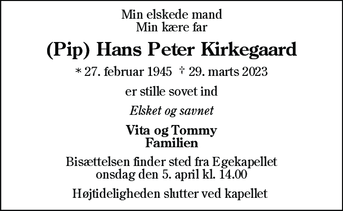 Dødsannonce for Hans Peter Kirkegaard