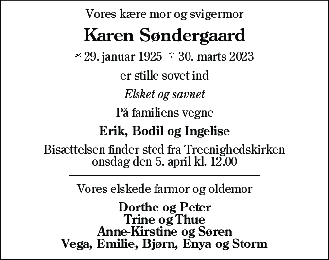 Dødsannonce for Karen Søndergaard