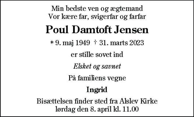 Dødsannonce for Poul Damtoft Jensen