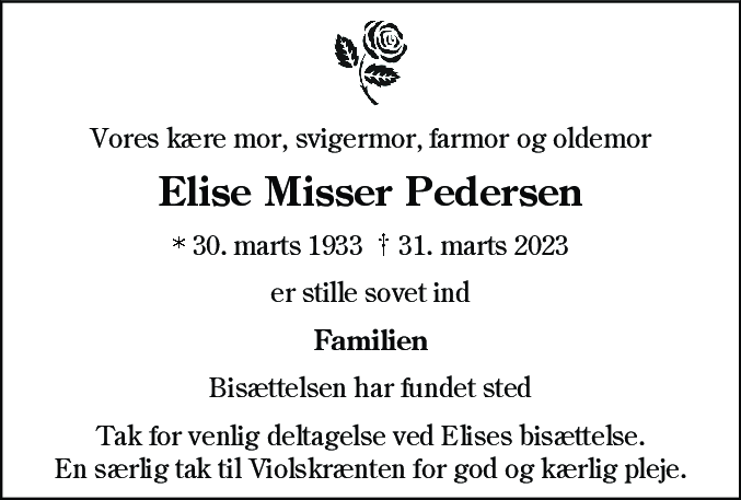 Dødsannonce for Elise Misser Pedersen
