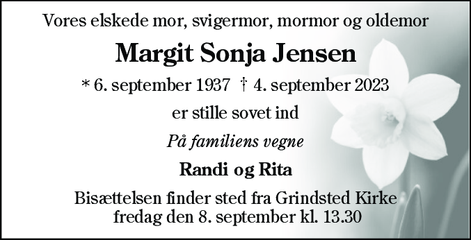 Dødsannonce for Margit Sonja Jensen