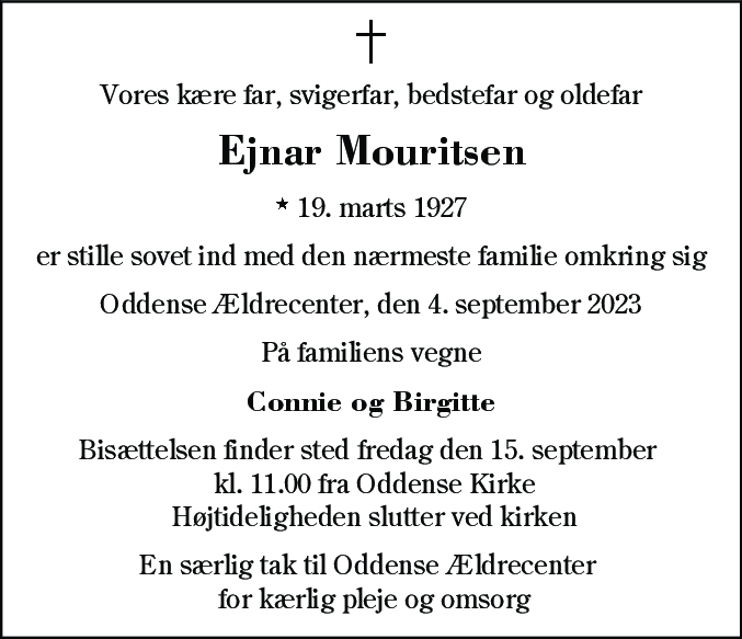 Dødsannonce for Ejnar Mouritsen