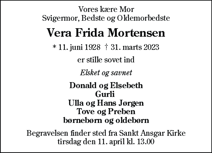 Dødsannonce for Vera Frida Mortensen