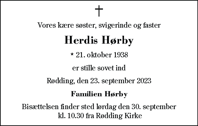 Dødsannonce for Herdis Hørby