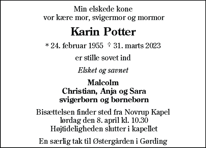 Dødsannonce for Karin Potter